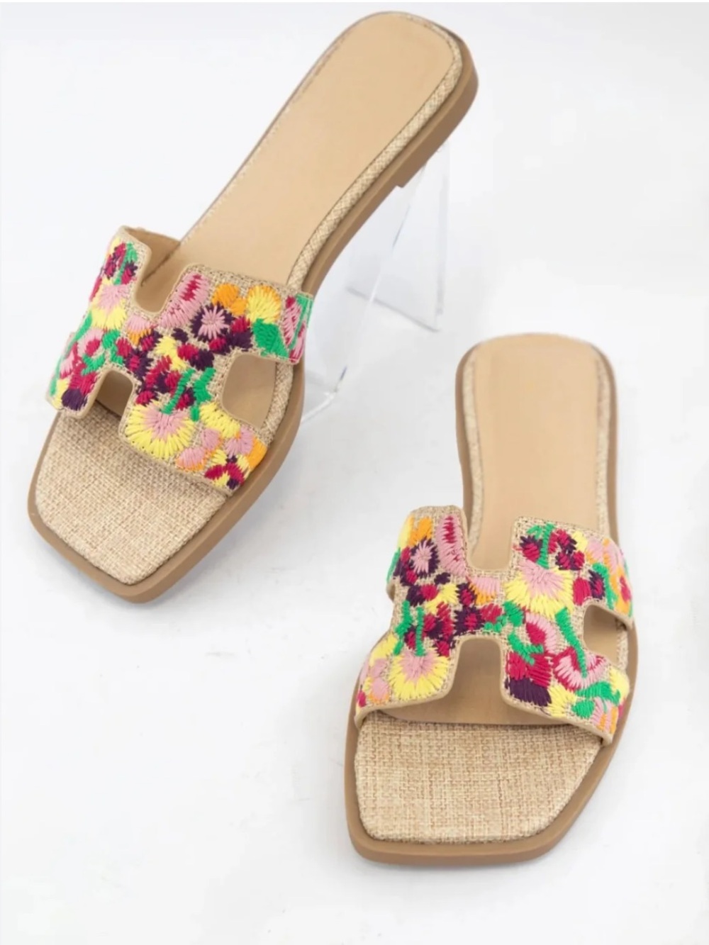 Soda Multicolor Floral Embroidered H-Cut Slide Sandal Boho Coastal Chic 7 1/2